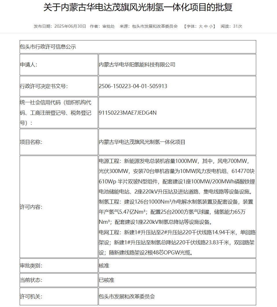 70臺(tái)10MW！華電風(fēng)光制氫一體化項(xiàng)目獲批復(fù)
