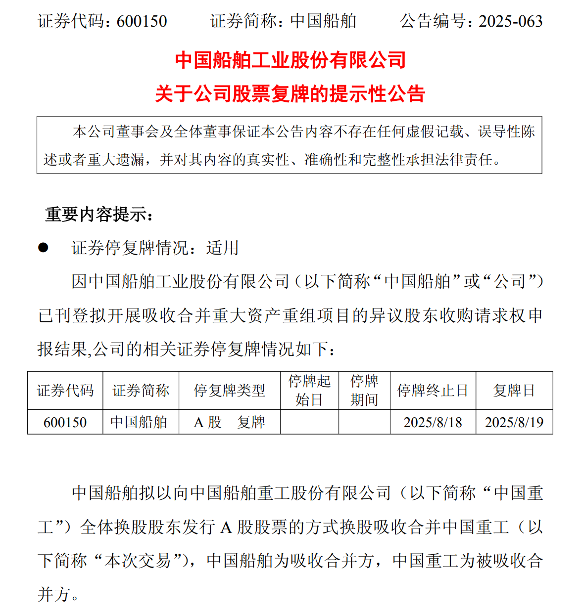 中國(guó)船舶公司股票于2025年8月19日開(kāi)市起復(fù)牌